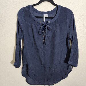 By Design Blouse Womens Medium Blue Lace Up Long Sleeve Tunic Lightweight Top